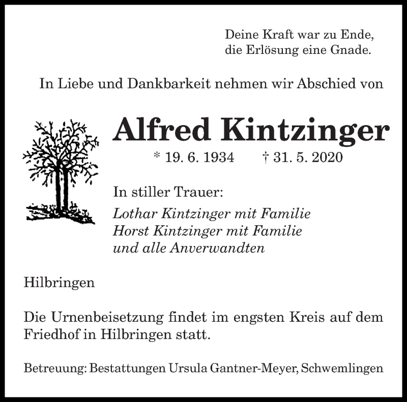  Traueranzeige für Alfred Kintzinger vom 03.06.2020 aus saarbruecker_zeitung