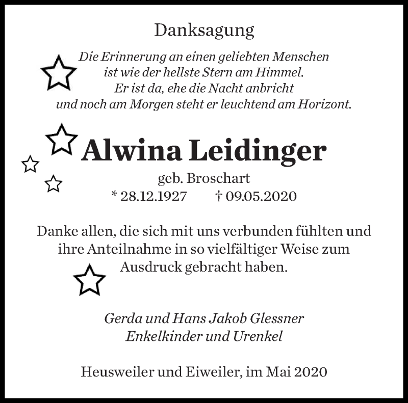  Traueranzeige für Alwina Leidinger vom 13.06.2020 aus saarbruecker_zeitung
