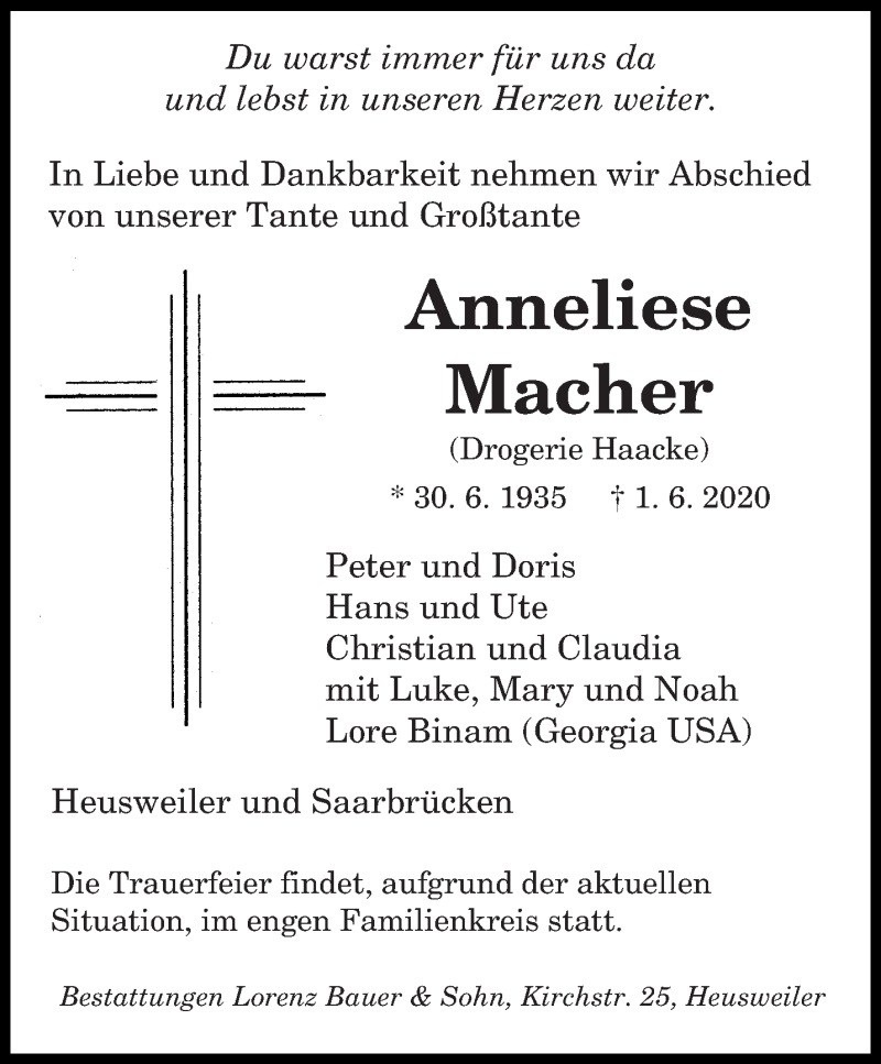 Traueranzeige für Anneliese Macher vom 06.06.2020 aus saarbruecker_zeitung