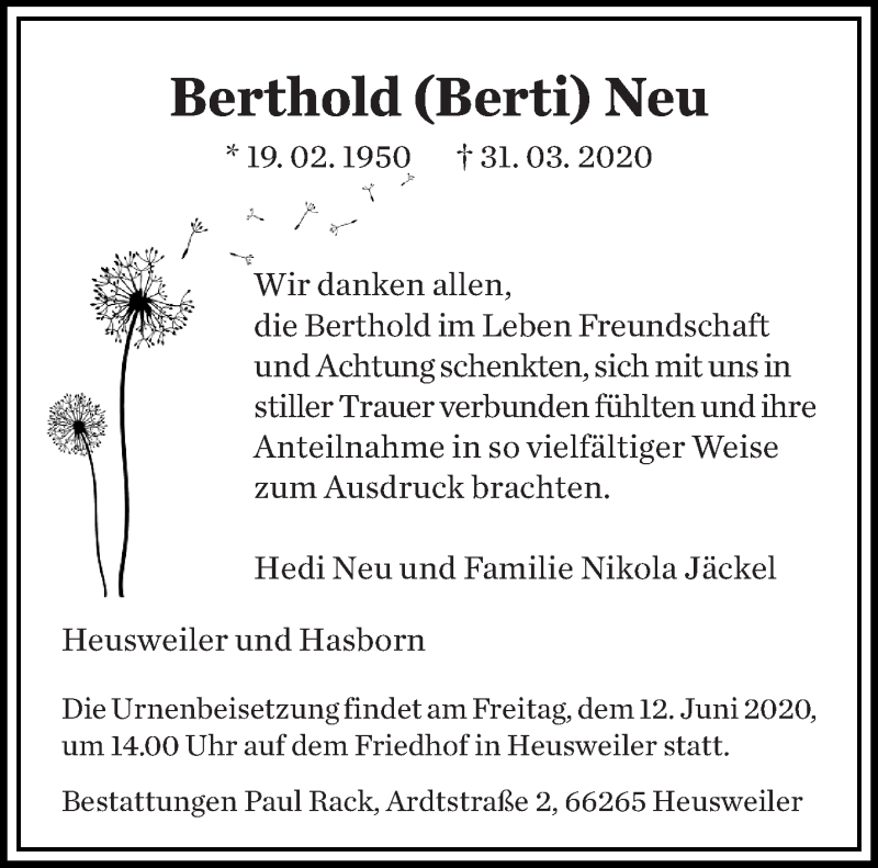 Traueranzeige für Berthold Neu vom 06.06.2020 aus saarbruecker_zeitung