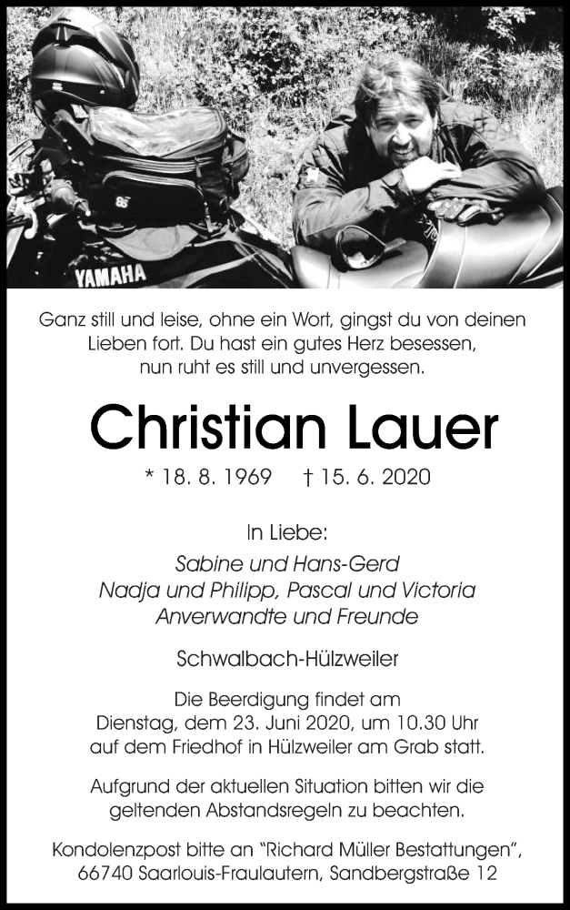  Traueranzeige für Christian Lauer vom 20.06.2020 aus saarbruecker_zeitung