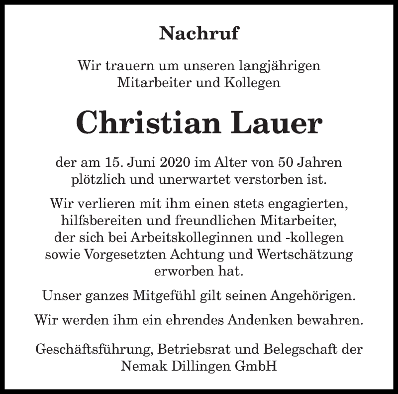  Traueranzeige für Christian Lauer vom 24.06.2020 aus saarbruecker_zeitung