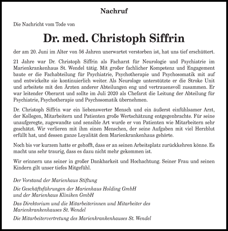  Traueranzeige für Christoph Siffrin vom 27.06.2020 aus saarbruecker_zeitung