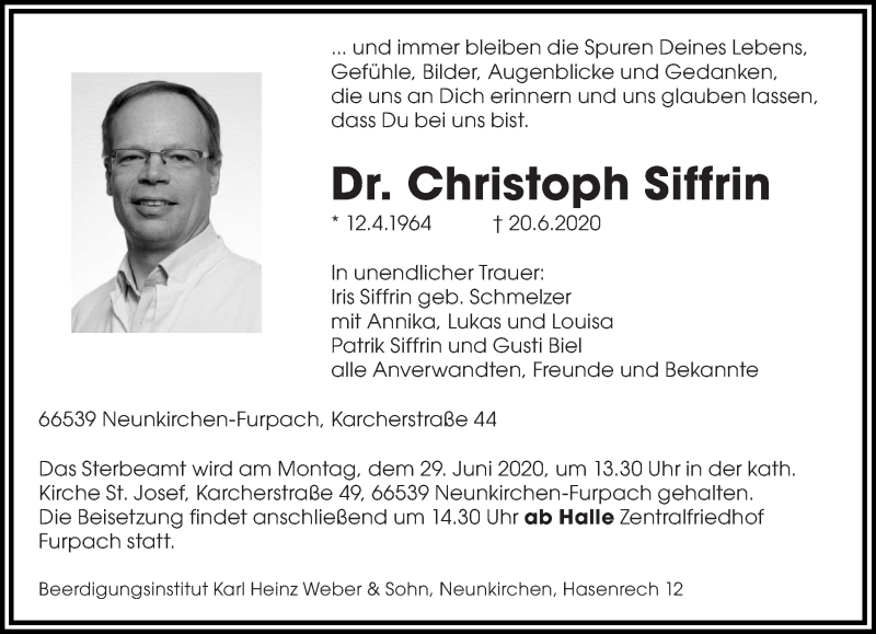  Traueranzeige für Christoph Siffrin vom 25.06.2020 aus saarbruecker_zeitung