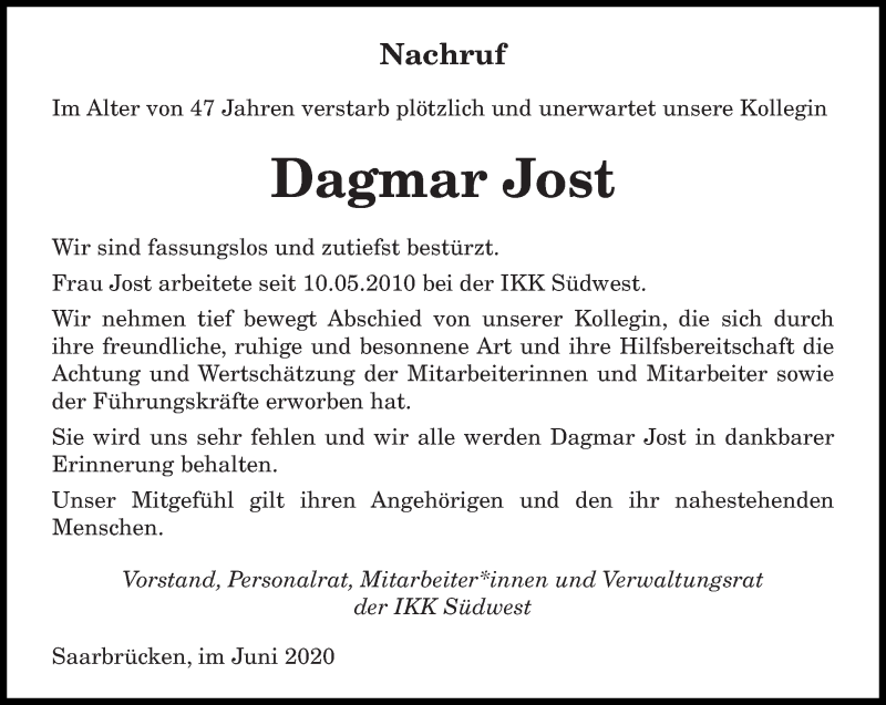  Traueranzeige für Dagmar Jost vom 13.06.2020 aus saarbruecker_zeitung