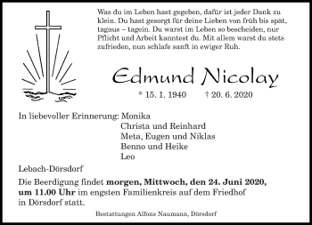 Traueranzeige von Edmund Nicolay von saarbruecker_zeitung