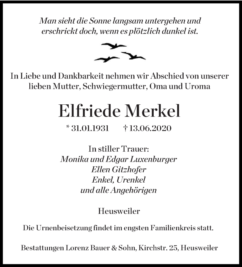  Traueranzeige für Elfriede Merkel vom 20.06.2020 aus saarbruecker_zeitung
