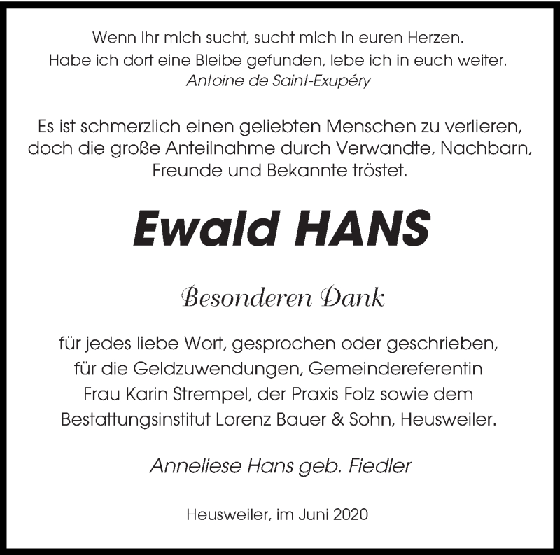  Traueranzeige für Ewald Hans vom 20.06.2020 aus saarbruecker_zeitung