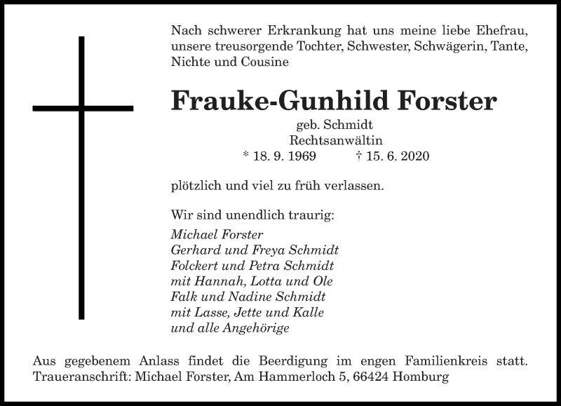  Traueranzeige für Frauke-Gunhild Forster vom 20.06.2020 aus saarbruecker_zeitung