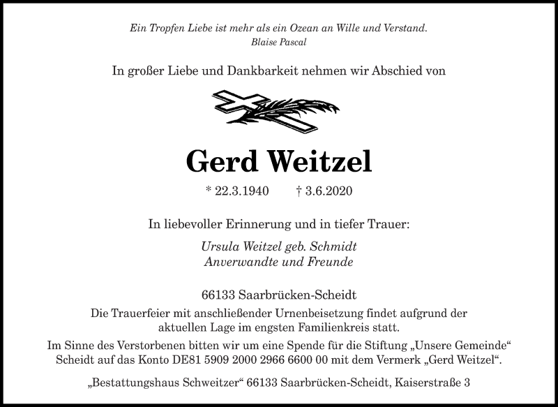  Traueranzeige für Gerd Weitzel vom 06.06.2020 aus saarbruecker_zeitung