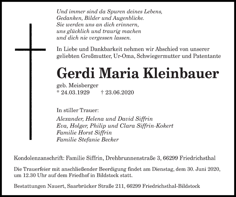  Traueranzeige für Gerdi Maria Kleinbauer vom 27.06.2020 aus saarbruecker_zeitung