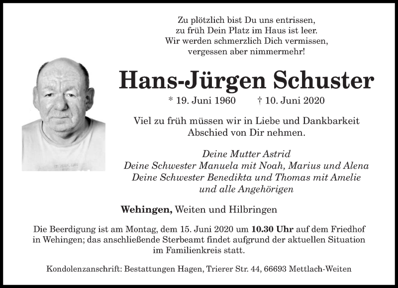  Traueranzeige für Hans-Jürgen Schuster vom 13.06.2020 aus saarbruecker_zeitung