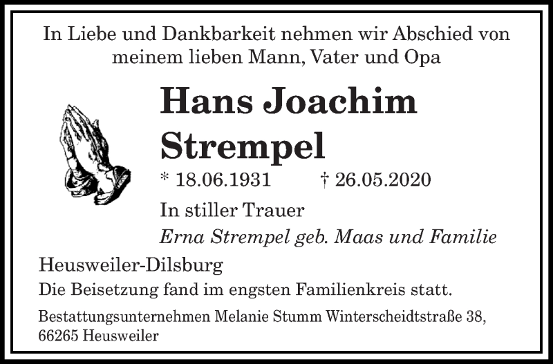  Traueranzeige für Hans Joachim Strempel vom 13.06.2020 aus saarbruecker_zeitung