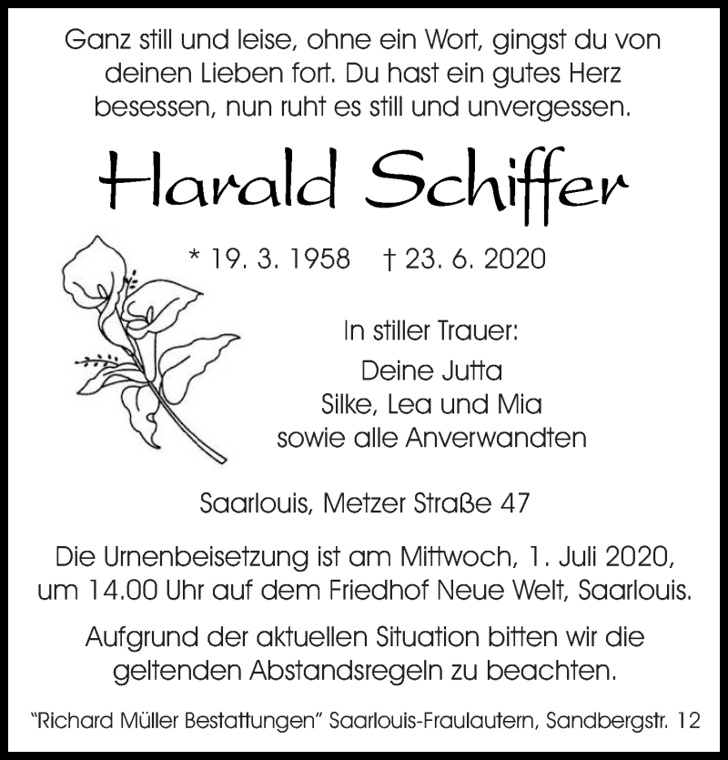  Traueranzeige für Harald Schiffer vom 27.06.2020 aus saarbruecker_zeitung