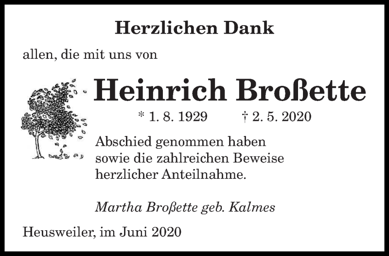  Traueranzeige für Heinrich Broßette vom 05.06.2020 aus saarbruecker_zeitung