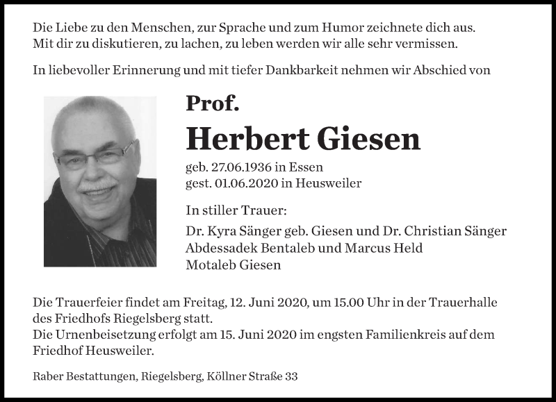  Traueranzeige für Herbert Giesen vom 06.06.2020 aus saarbruecker_zeitung