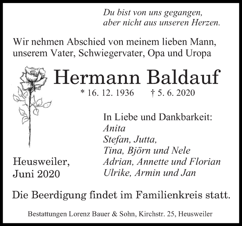  Traueranzeige für Hermann Baldauf vom 13.06.2020 aus saarbruecker_zeitung