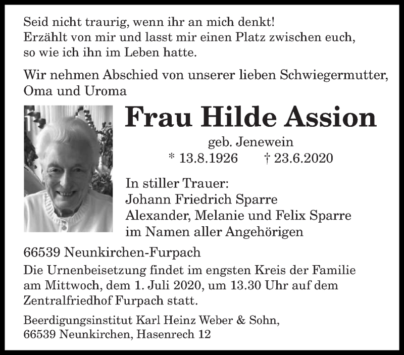  Traueranzeige für Hilde Assion vom 27.06.2020 aus saarbruecker_zeitung
