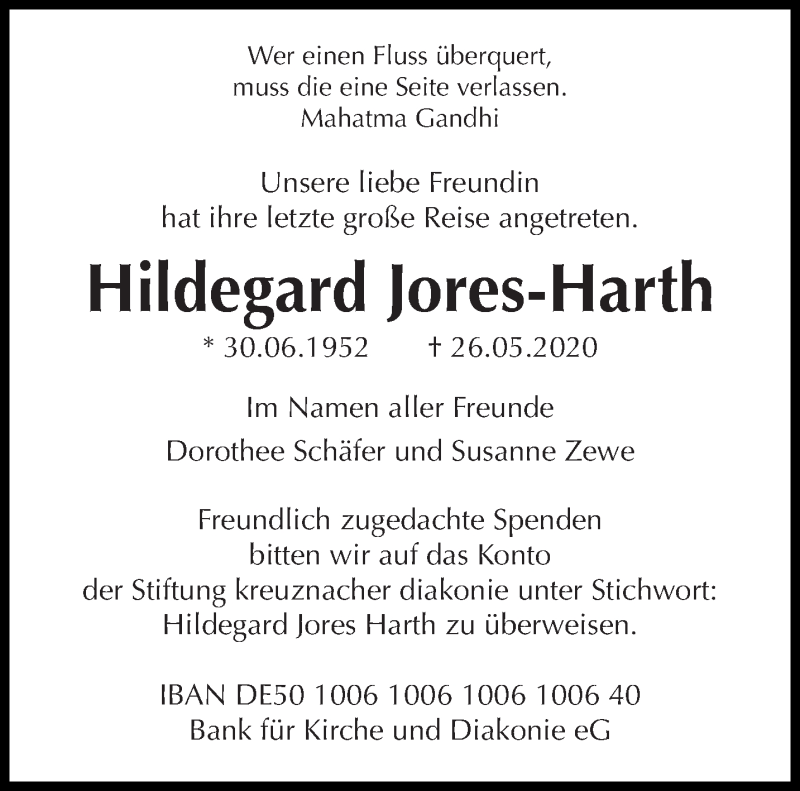  Traueranzeige für Hildegard Jores-Harth vom 06.06.2020 aus saarbruecker_zeitung