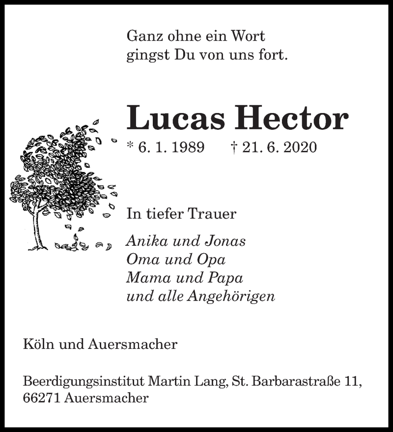  Traueranzeige für Lucas Hector vom 27.06.2020 aus saarbruecker_zeitung