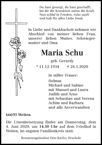 Traueranzeige von Maria Schu von saarbruecker_zeitung