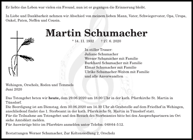  Traueranzeige für Martin Schumacher vom 29.06.2020 aus saarbruecker_zeitung