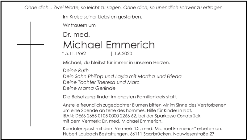  Traueranzeige für Michael Emmerich vom 17.06.2020 aus saarbruecker_zeitung