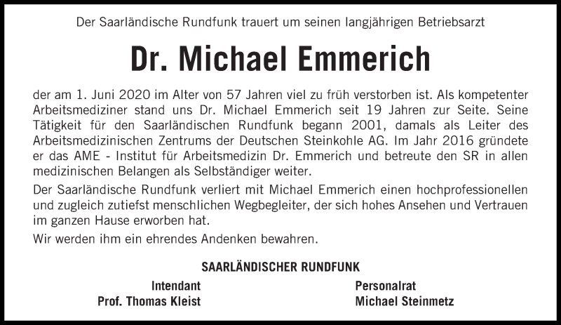  Traueranzeige für Michael Emmerich vom 13.06.2020 aus saarbruecker_zeitung