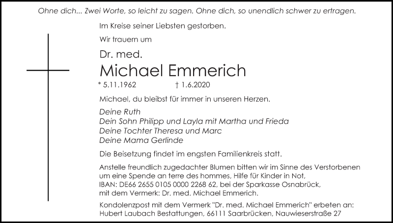  Traueranzeige für Michael Emmerich vom 13.06.2020 aus saarbruecker_zeitung