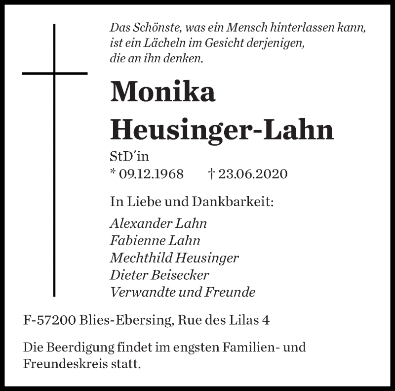  Traueranzeige für Monika Heusinger-Lahn vom 27.06.2020 aus saarbruecker_zeitung
