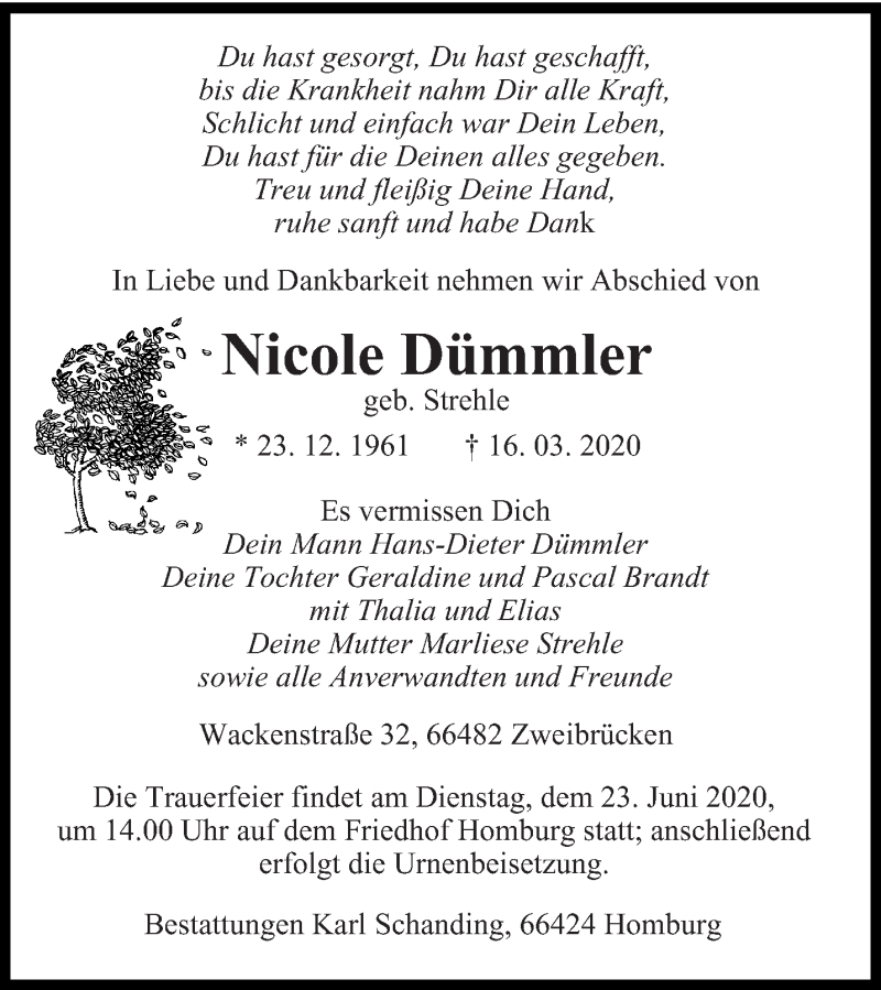  Traueranzeige für Nicole Dümmler vom 18.06.2020 aus saarbruecker_zeitung