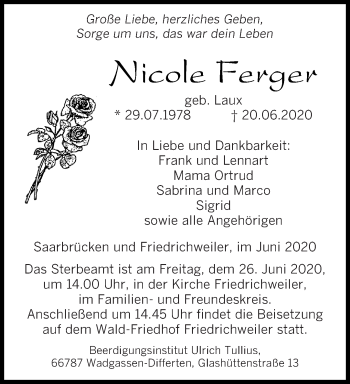 Traueranzeige von Nicole Ferger von saarbruecker_zeitung