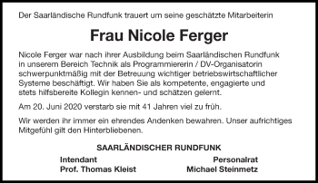 Traueranzeige von Nicole Ferger von saarbruecker_zeitung