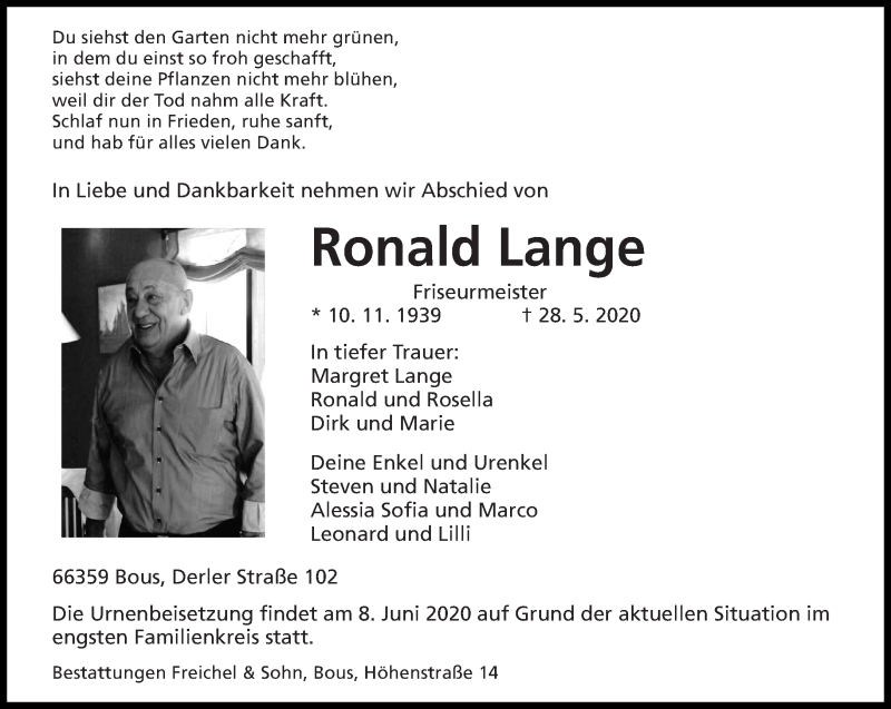  Traueranzeige für Ronald Lange vom 04.06.2020 aus saarbruecker_zeitung