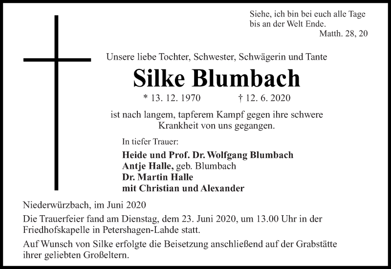  Traueranzeige für Silke Blumbach vom 27.06.2020 aus saarbruecker_zeitung