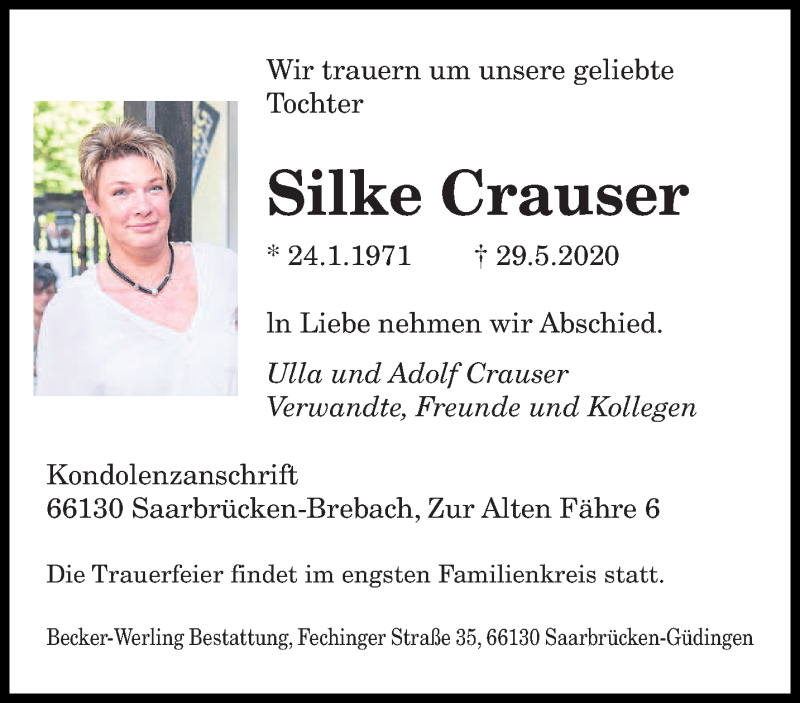  Traueranzeige für Silke Crauser vom 13.06.2020 aus saarbruecker_zeitung