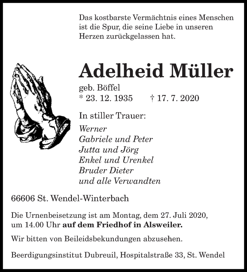  Traueranzeige für Adelheid Müller vom 24.07.2020 aus saarbruecker_zeitung