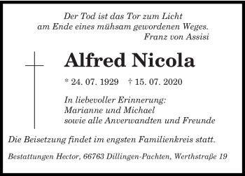 Traueranzeige von Alfred Nicola von saarbruecker_zeitung