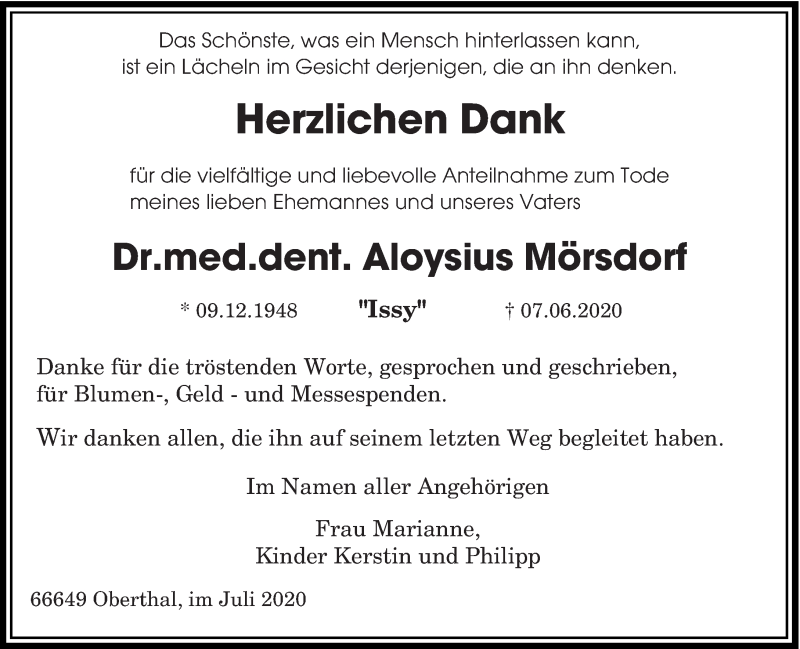  Traueranzeige für Aloysius Mörsdorf vom 11.07.2020 aus saarbruecker_zeitung