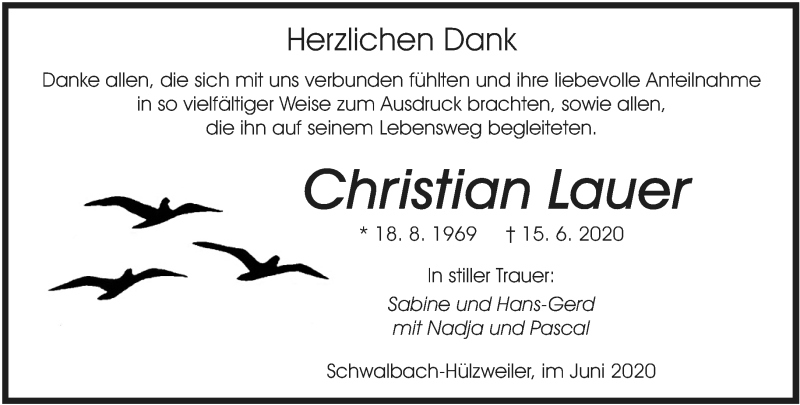  Traueranzeige für Christian Lauer vom 11.07.2020 aus saarbruecker_zeitung
