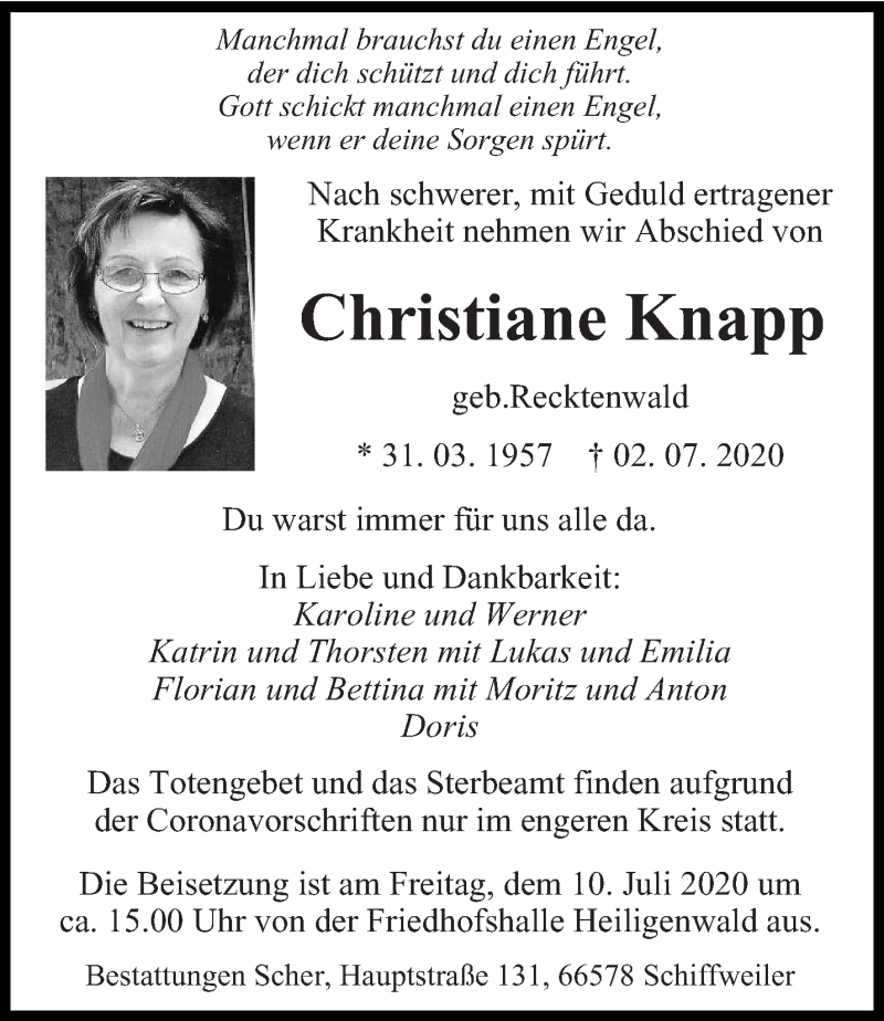  Traueranzeige für Christiane Knapp vom 08.07.2020 aus saarbruecker_zeitung