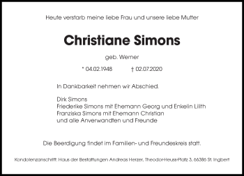 Traueranzeige von Christiane Simons von saarbruecker_zeitung