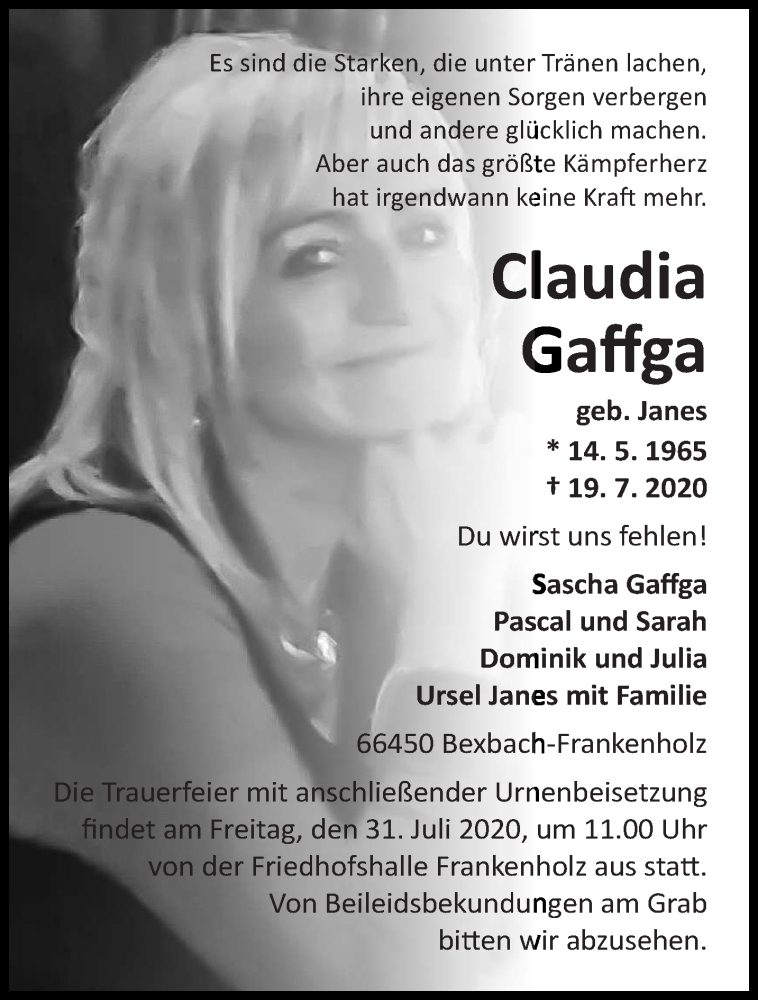  Traueranzeige für Claudia Gaffga vom 25.07.2020 aus saarbruecker_zeitung