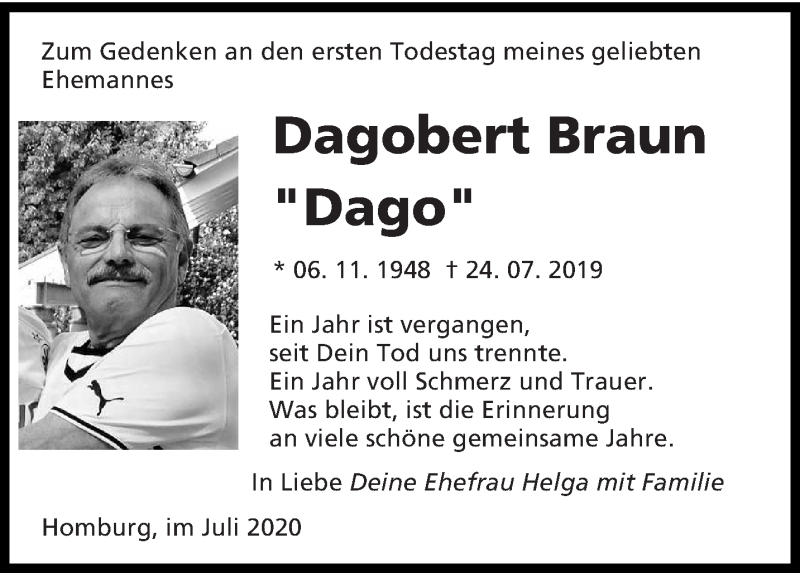  Traueranzeige für Dagobert Braun vom 24.07.2020 aus saarbruecker_zeitung