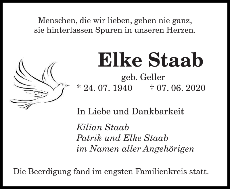  Traueranzeige für Elke Staab vom 25.07.2020 aus saarbruecker_zeitung