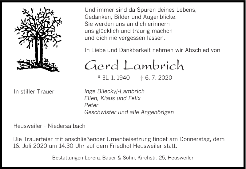  Traueranzeige für Gerd Lambrich vom 11.07.2020 aus saarbruecker_zeitung
