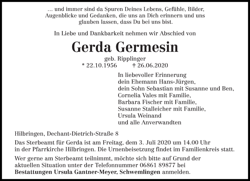  Traueranzeige für Gerda Germesin vom 30.06.2020 aus saarbruecker_zeitung