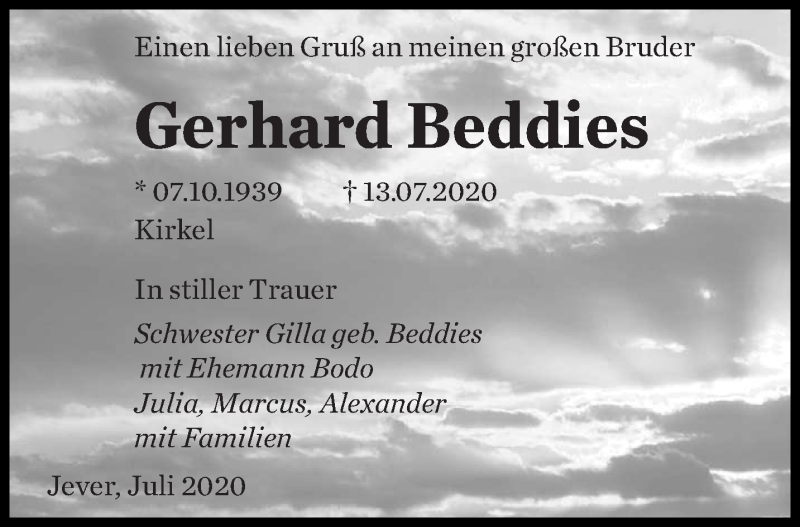  Traueranzeige für Gerhard Beddies vom 25.07.2020 aus saarbruecker_zeitung