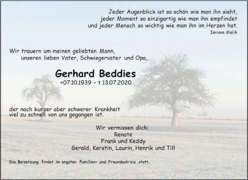  Traueranzeige für Gerhard Beddies vom 25.07.2020 aus saarbruecker_zeitung
