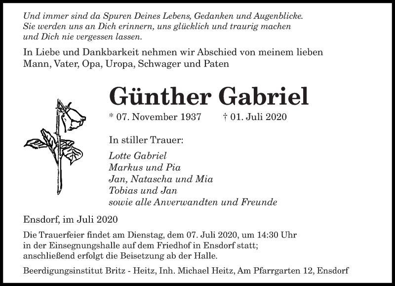  Traueranzeige für Günther Gabriel vom 04.07.2020 aus saarbruecker_zeitung